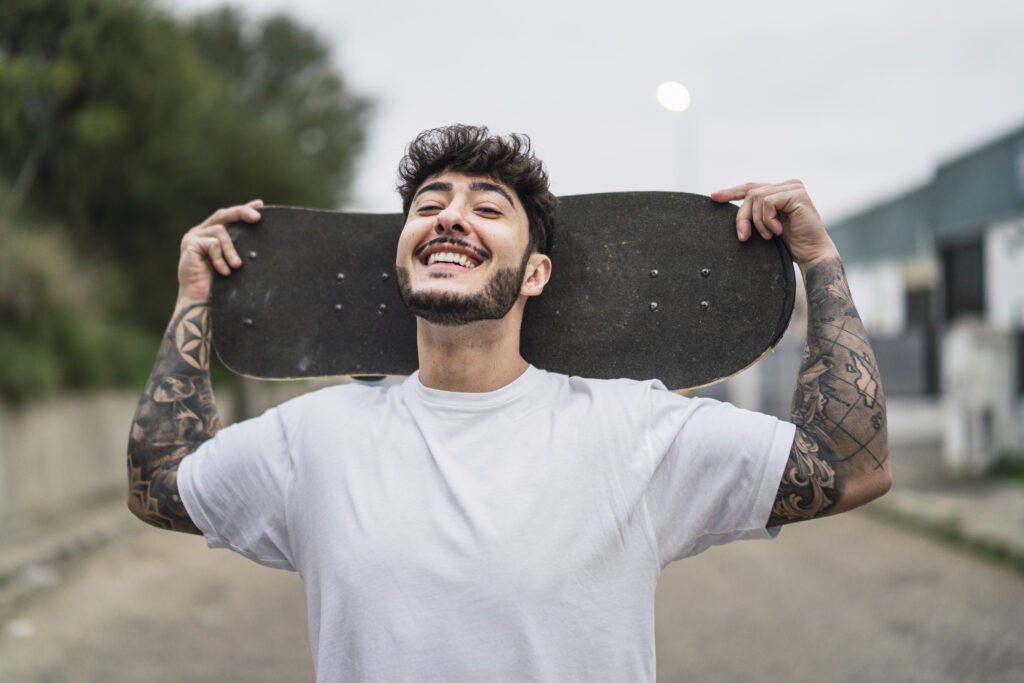Handsome Skater wearing regular plain white t-shirt - men's streetwear